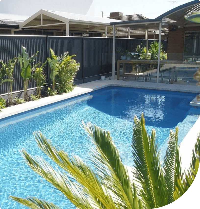 Hayman 9-metre fibreglass pool in Eco Pure Marbletech Opal — finished backyard install